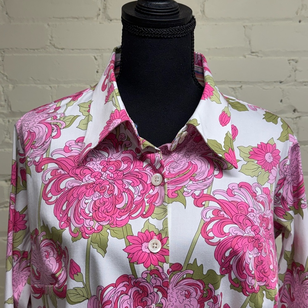 Joyful Floral Pink & Green Button-Up Talbots Blouse, Size 12W Petite